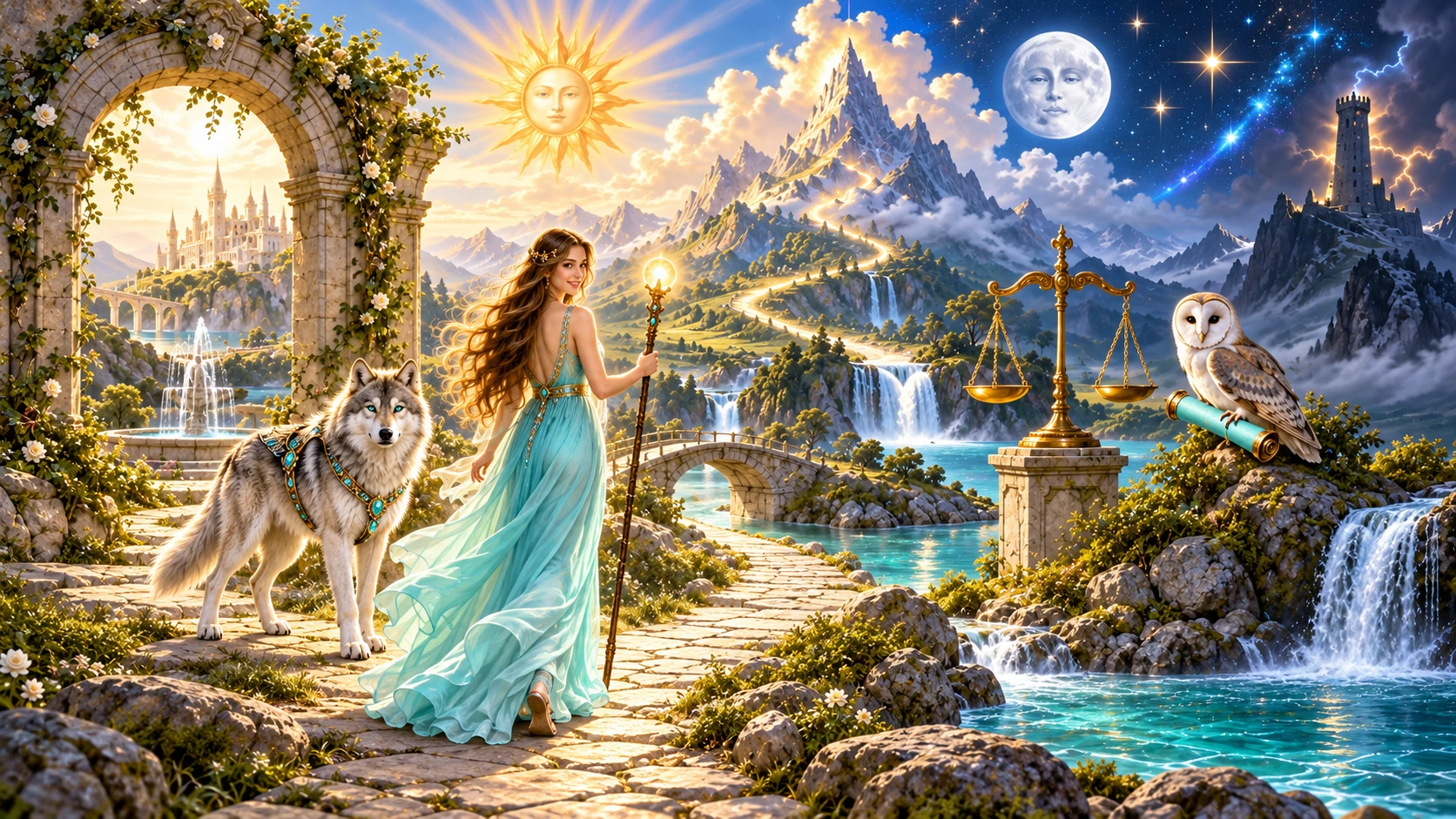 Full celestial homepage artwork: woman, wolf, river, sun and moon