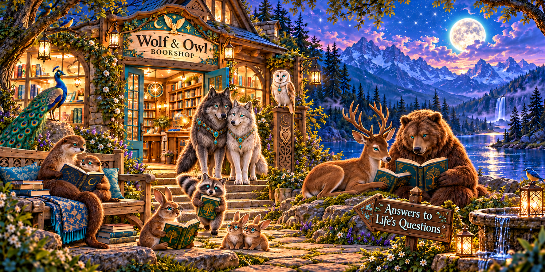 Moonlit Wolf & Owl Bookshop with wolves, owl, peacock, otters, raccoon, rabbits, deer and bear reading books